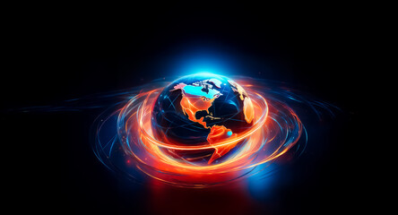 Wall Mural - a glowing globe on a black backdrop, encircled by dynamic trails of vibrant blue and fiery red energ