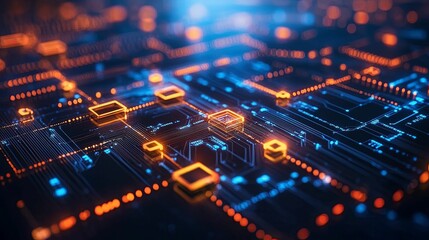 Wall Mural - Abstract Digital Circuitry Glowing Orange And Blue