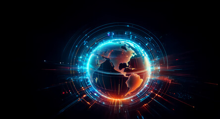 Wall Mural - a digital earth glows with vibrant blue and orange hues against a dark backdrop. light streaks radia