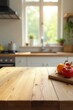 © Suradech - Clean wooden table, soft focus bright kitchen scene , bokeh, image