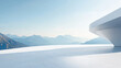 © 沈军 贡 - Abstract white concrete floor with a curved wall and a panoramic view of a mountain range against a blue sky background