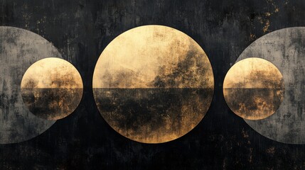 Wall Mural - three golden circles with a dark background for abstract design