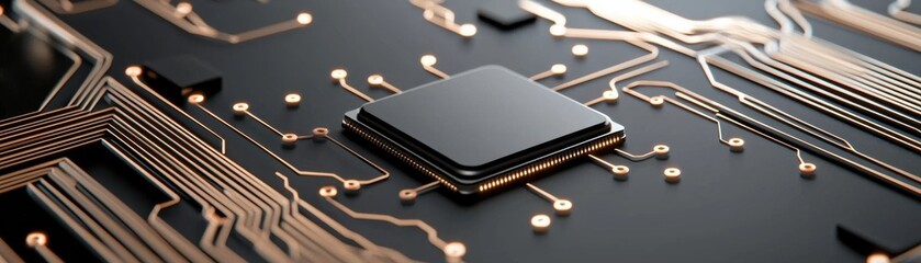 Close-up of a modern microprocessor on a circuit board with intricate designs.