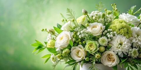 Wall Mural - Vibrant floral arrangement, lush greenery, and soft petals unfolding from a delicate white flower, flowers, organic, flowers