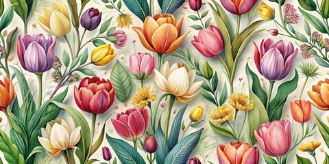 Wall Mural - Elegant seamless floral pattern featuring colorful tulips and lush botanicals in a naturalistic setting with subtle texture and organic shapes , floral design, flowers