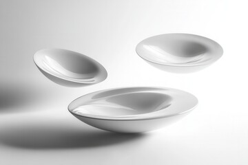 Fototapete - Floating 3D shapes showcase minimalist design with soft shadows and elegant reflections on a white backdrop for a futuristic feel