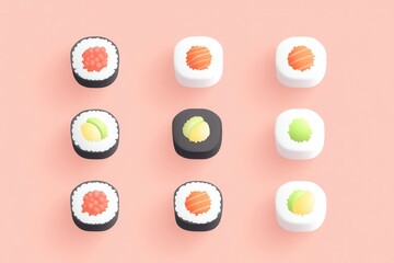 Poster - Flat sushi roll icon showcasing Japanese food branding in a clean minimal style with pastel tones for modern design aesthetics
