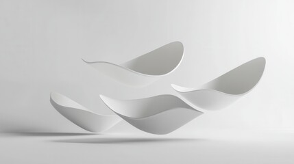 Fototapete - Minimalist floating 3D shapes showcasing soft shadows and elegant light reflections in a futuristic design on a white background