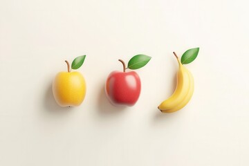 Poster - Minimalist fruit logo featuring abstract apple, pear, and banana on a clean background with soft shadows for modern simplicity