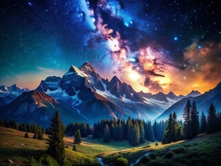 Wall Mural - Majestic Summer Mountain Night Landscape - Starry Sky Over Peak