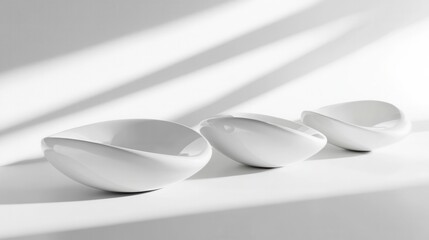 Aufkleber - Elegant minimalist floating 3D shapes with soft shadows and light reflections on a white background showcasing futuristic design elements
