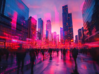 Wall Mural - vibrant city street at sunset with blurred people and skyscrapers.