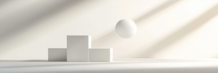 Poster - Floating minimalist 3D shapes create an elegant and futuristic atmosphere against a soft white background with subtle shadows