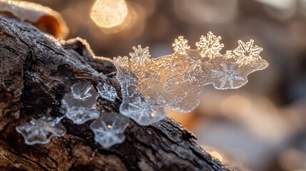 Wall Mural - delicate ice crystals forming intricate patterns on a weathered log at sunrise.