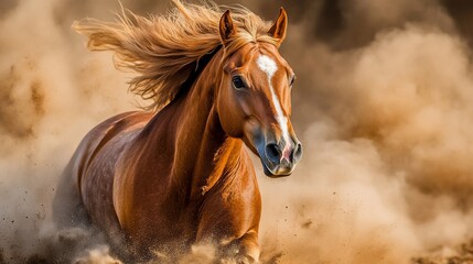 Naklejka na meble Majestic chestnut horse with flowing mane running through dust cloud.