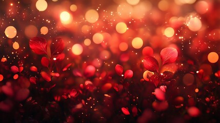 Wall Mural - Red leaves and bokeh lights, autumnal background.