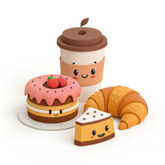 Poster - playful 3D icon set features smiling coffee cup, donut, croissant, and cheesecake, each with cute faces and vibrant colors, creating cheerful and whimsical scene