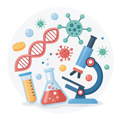 Fototapete - colorful illustration of scientific elements including microscope, DNA strand, and viruses, symbolizing research and discovery in playful style