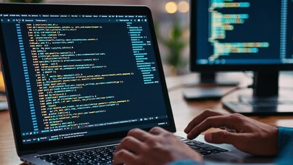 Developer coding on laptop with secondary monitor displaying complex data visuals