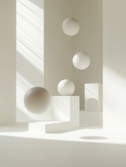 Fototapete - Floating 3D shapes create a minimalist aesthetic in a futuristic design with soft shadows and elegant light reflections