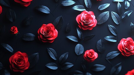 Wall Mural - Dark red roses, teal leaves, elegant floral background