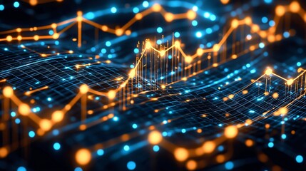 Data visualization rising graph, glowing nodes, dark background. Business use