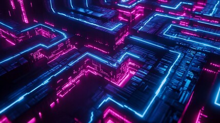 Wall Mural - Abstract neon light maze with pink and blue glowing lines on dark background.