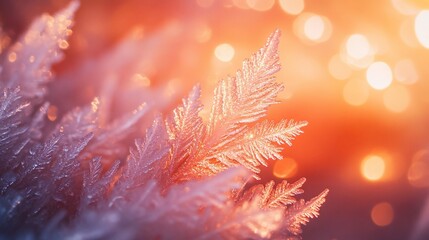 Wall Mural - close-up of delicate ice crystals glowing in warm sunset light.