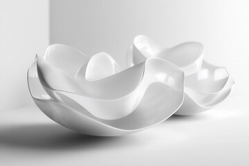Poster - Minimalist floating 3D shapes with soft shadows and elegant light reflections in a futuristic design setting
