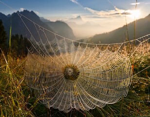 a stunning spider s web with morning dew shines in front of a bavarian alpine landscape