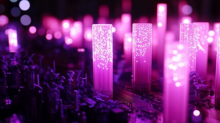 Wall Mural - Futuristic pink cityscape with glowing towers and bokeh lights.