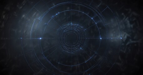 Dark blue web with black circle, symbolizing technology and cybersecurity, digital, security, code