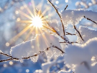 Wall Mural - sun shining through snow-covered branches.