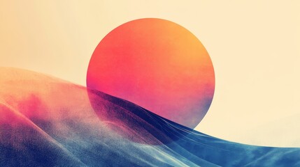 Wall Mural - A colorful circular shape overlapping an abstract wavy landscape