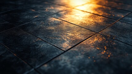 Wall Mural - reflective light illuminating the textured surface of dark tiles