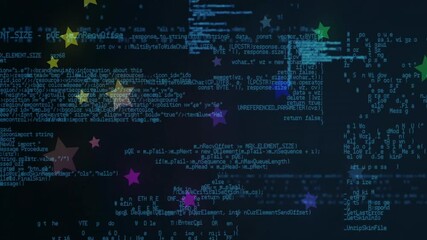 Wall Mural - animation of colorful stars overlaying computer code on dark background