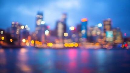 Wall Mural - blurred city skyline at night reflecting on water.