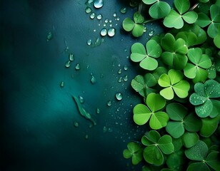 Wall Mural - dark green background with shamrock leaves and dew drops st patrick s day concept with copy space for text suitable for banner design dark blue and emerald colors