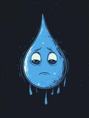 Poster - Sad blue water drop icon expressing emotions in minimalist design for creative projects