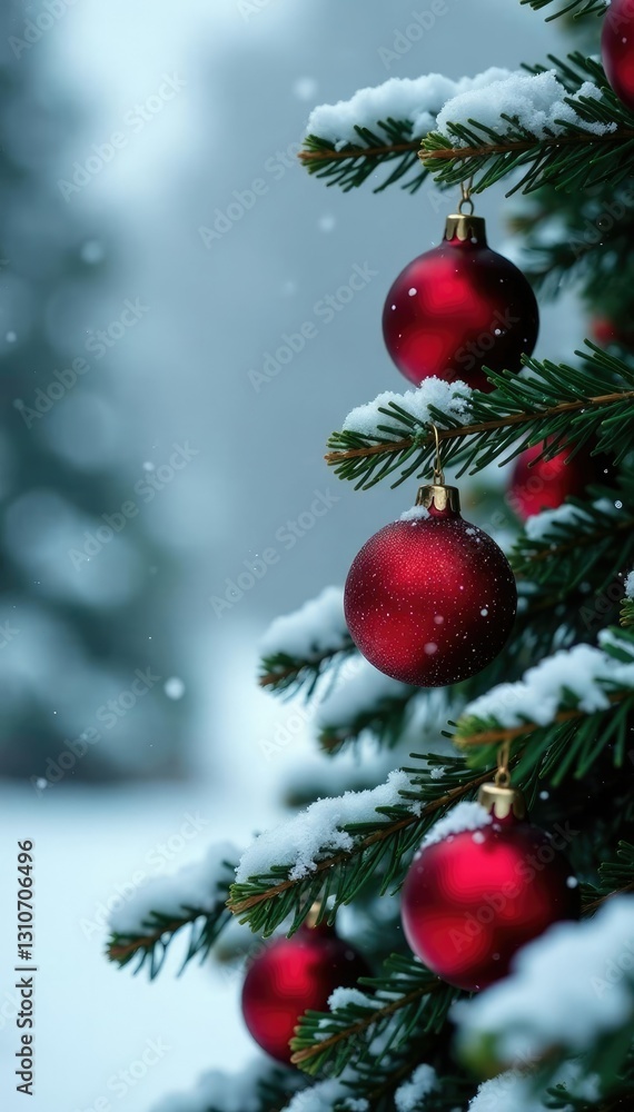 Red ornaments and green garland on a snowy tree, wintery, snowy landscape