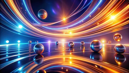 Abstract Futuristic Sphere Array on Reflective Surface with Glowing Trails and Bright Lights