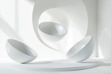 Wall Mural - minimalist floating 3d shapes with soft shadows and reflections create an elegant futuristic design 