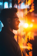 Canvas Print - a man with glasses is looking at a computer screen with a yellow glow