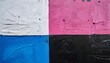 © Kathleen - closeup of colorful black pink white blue painted urban wall texture with wrinkled glued poster template modern mockup for design presentation creative urban city background
