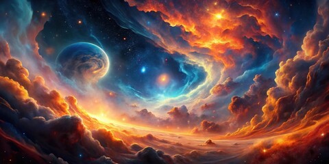 Wall Mural - a celestial tapestry of fiery clouds and distant planets, a breathtaking vision of an imaginary cosm