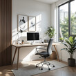 © Henry - Sleek and minimalist home office setup with a sleek desk, ergonomic chair, minimalist decor, and ample natural light, offering a functional and aesthetic workspace.