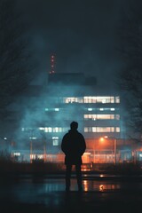 Wall Mural - a man stands in the rain, looking up at a building