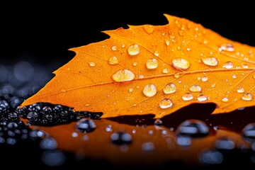 Wall Mural - A hyper-realistic close-up of a golden autumn leaf with detailed veins and edges, resting on a glistening dew-covered surface