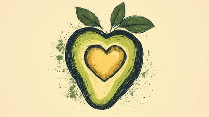 Poster - Hand drawn avocado logo with artistic heart shaped seed emphasizing freshness and organic lifestyle