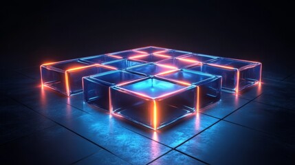Wall Mural - cubical translucent structures illuminated with vibrant orange and blue colors
